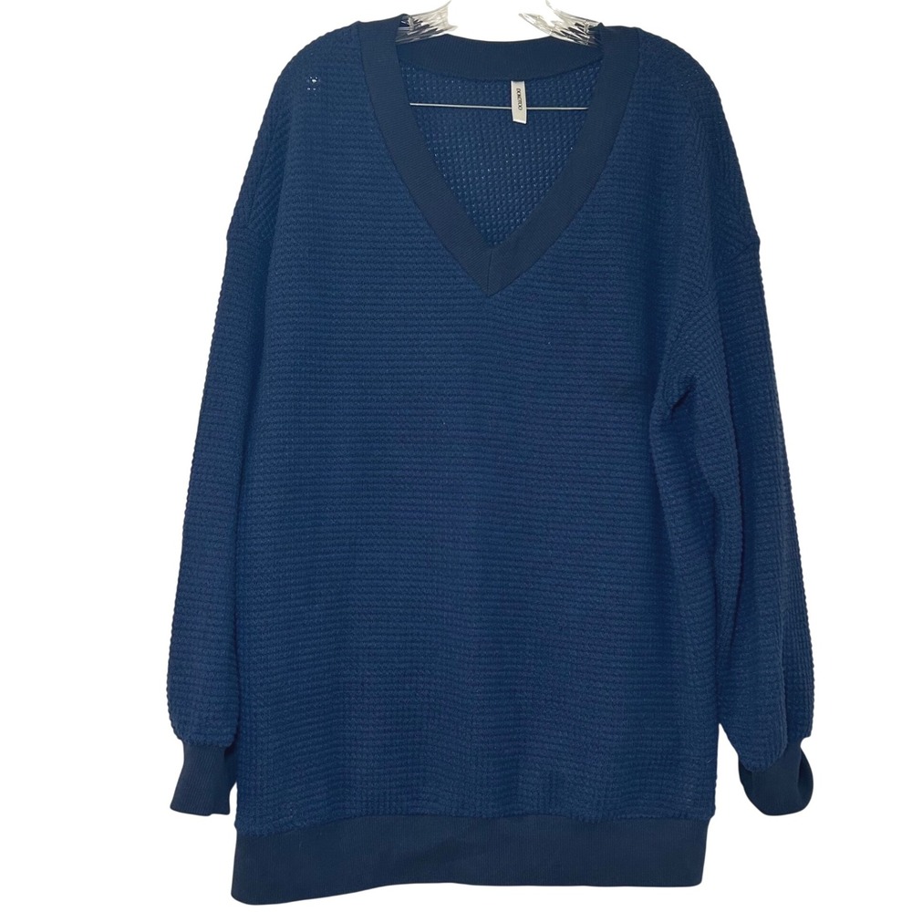 Dokotoo Womens Navy Blue Waffle Knit V-Neck Oversized Pullover Top Size Large